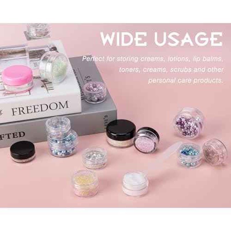 100 Count 3 Gram Sample Containers, Clear Lip Balm Containers with Lids, Small Plastic Sample Jars with 8 Mini Spoons, 100pcs Labels (Clear Lid)