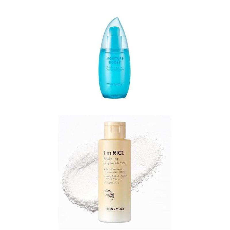 TONYMOLY Moisture Boost Serum, Cooling Marine Concentrate, Hydrating, Mosturizer +I'm Rice Exfoliating Enzyme Cleanser, Enzyme Powder Face Wash, All-in-one Waterless Gentle Rice Polishing Bundle