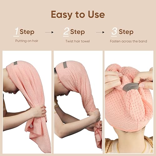 HOMEXCEL 5 Pack Microfiber Hair Towels - 40 x 20 inches Super Soft, Fast Drying Turbans for Long, Thick, Curly Hair - Anti Frizz Wrap with Elastic Strap