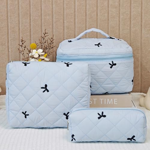 3Pcs Quilted Makeup Bag, Cute Floral Cotton Cosmetic Bag set, Coquette Bow Makeup Pouch Large Travel Toiletry Bag