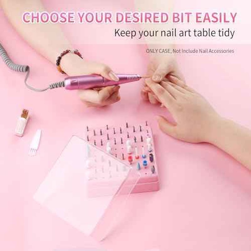 Nail Drill Bits Holder & Nail Drill Bits Cleaning Brush, 100 Holes Nail Bit Holder, Dustproof Nail Art Drill Bits Display Storage Box, Nail Drill Bit Holder for Nail Tech (Pink)