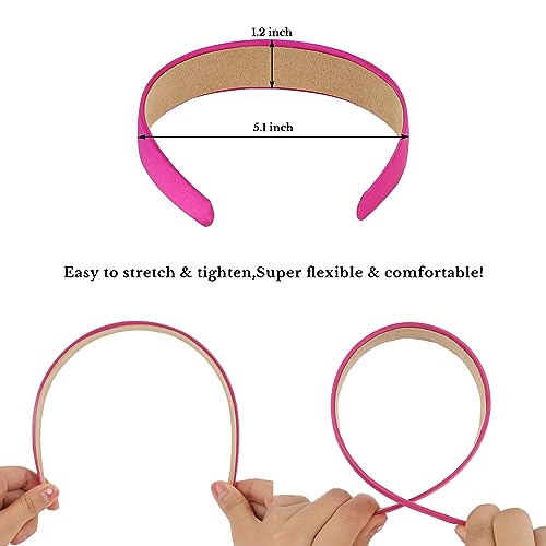 Wecoe Hot Pink Headband 1.2 Inch Wide Silk Satin Headband Women Non Slip Fashion Back to School Plain Head Band Solid Hair Band DIY Holiday Hair Accessories for Women Girls Diademas Para Mujer Gifts