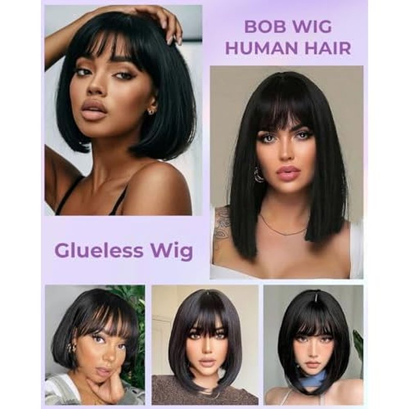 Bob Wig with Bangs Human Hair 100% Human Hair Wigs with Bangs Glueless 2¡¿1 Lace Closure Short Bob Wig Human Hair Straight Wigs for Black Women Closure 180% Density Beginner Friendly£¨14Inch,Black£©