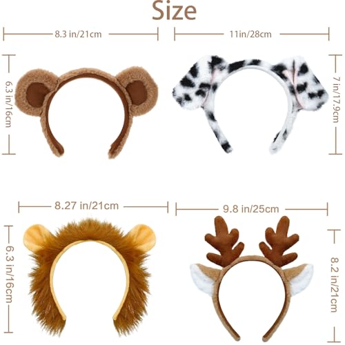 Beviliu 4 Pack Animals Ears Headband - Realistic Bear Ears Lion Ears Deer Ears Dalmatian Dog Ears Fluffy Hairband Halloween Christmas Animal Costume for Cosplay Party Washing Makeup