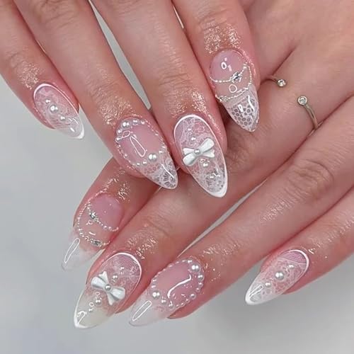 Medium Press on Nails Almond Fake Nails with 3D Bow Pearl Designs White False Nails Full Cover Acrylic Nails for Women 24Pcs