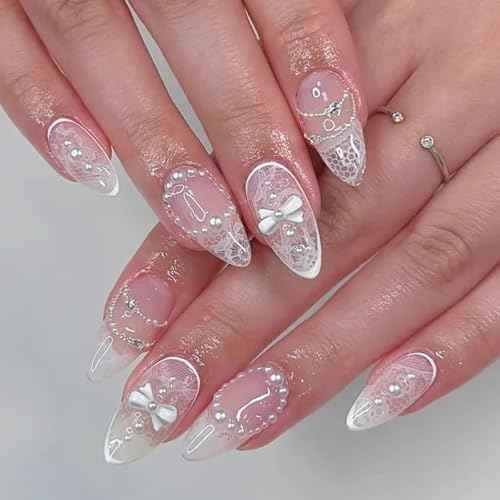 Medium Press on Nails Almond Fake Nails with 3D Bow Pearl Designs White False Nails Full Cover Acrylic Nails for Women 24Pcs
