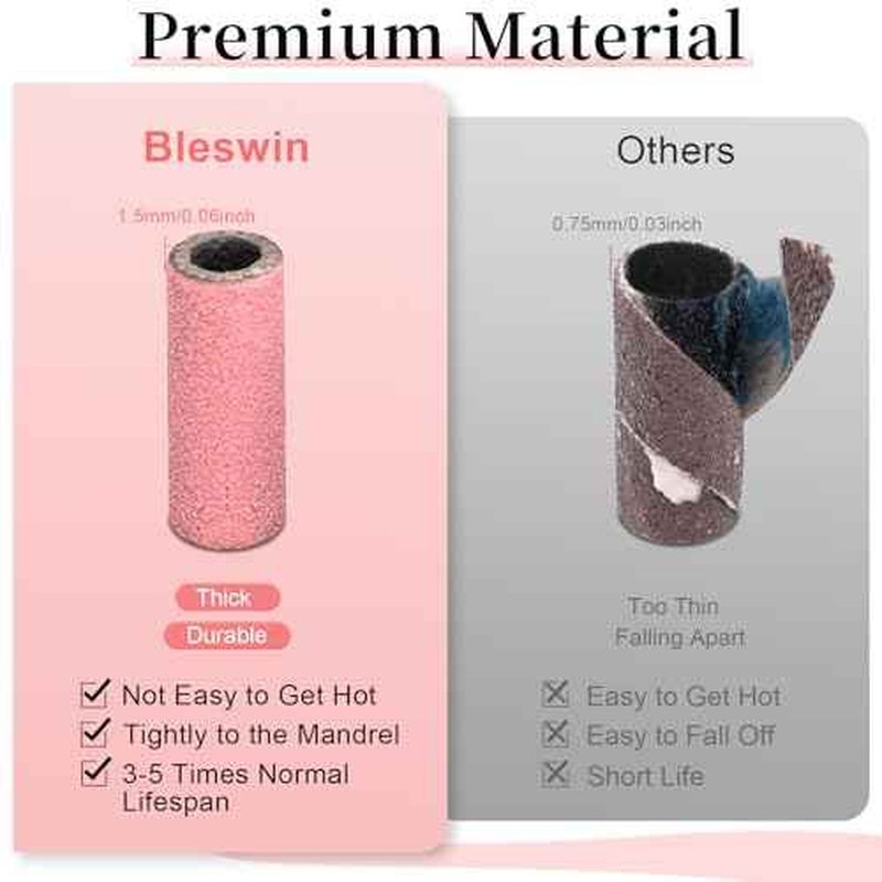 BLESWIN 200Pcs 3mm Small Sanding Bands with 2Pcs Small Mandrel Bit for Nail Drill, Upgrade Mini Nail Sanding Bands for Acrylic Nails Gel Removing Shaping, Manicure Nail Salon Use (240#Pink+180#White)