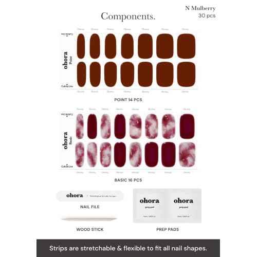 ohora Semi Cured Gel Nail Strips (N Mulberry) - Red, Ombre, Works with Any UV/LED Lamps, Salon-Quality, Long Lasting, Easy to Apply & Remove - Includes 2 Prep Pads, Nail File & Wooden Stick