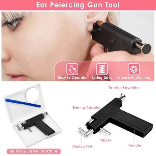 Professional Ear Piercing Gun Kit, Reusable Piercing Gun with Stainless Steel Piercing Earrings Studs, Crystal Earrings for At Home Salon Earlobe Cartilage Helix Tragus Piercing Tool Kit