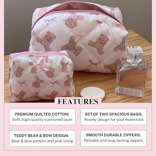 Teddy Bow Makeup Bag Set of 2, Cotton Quilted Bear Makeup Bags with Satin Pink Bows, Cute Girly Toiletry Pouch Set, Small Bag for Purse, Coquette Accessories, Aesthetic Gift Set for Women Teen Girls