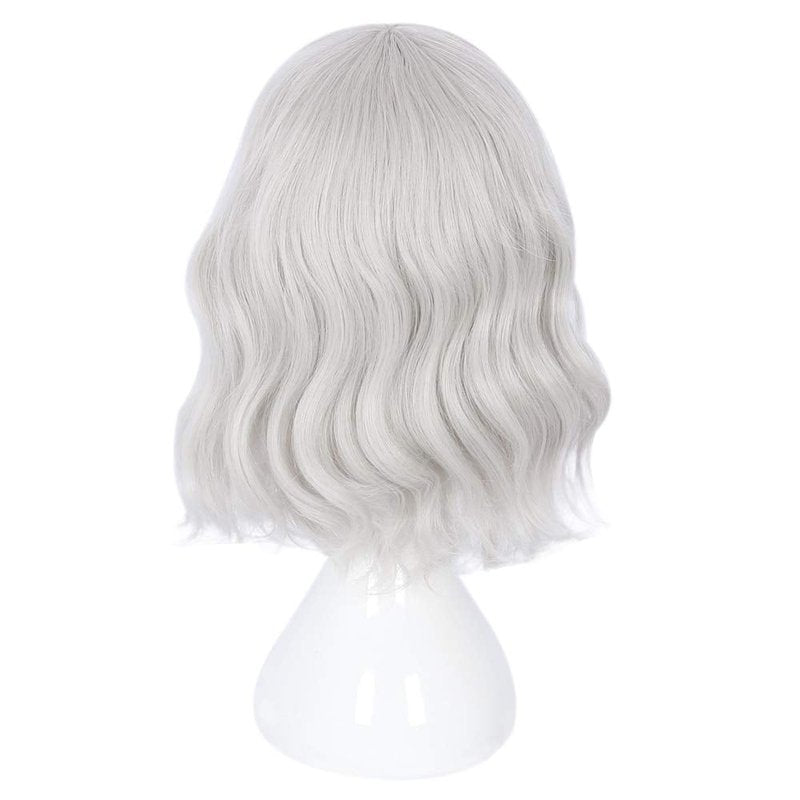 Filuckyve 14" Women Short Bob Wig with Bangs Curly Wavy Harajuku Synthetic Cute Daily Halloween Party Cosplay Hair(silver)