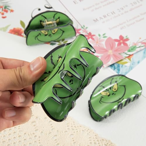 3Pcs Christmas Hair Claw Clips Set for Women, Large Green Holiday Acrylic Clamp Strong Hold Hair Barrette Clips for Christmas Hair Accessories