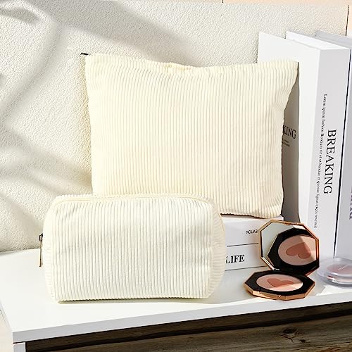 SOIDRAM 2 Pieces Corduroy Makeup Bag Large Corduroy Cosmetic Bag Capacity Canvas Mix Travel Toiletry Bag Organizer Cute Makeup Brushes Aesthetic Accessories Storage Bag for Women