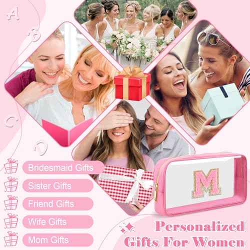 Personalized Initial Letter Clear Makeup Bag,Preppy Small Nylon&PVC Cosmetic Zipper Bag with Chenille Letter,Portable Beach Travel Skincare Toiletry Bag,Trendy Monogram Gift for Teen Girls Women,M