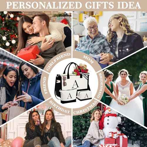 YOOLIFE Initial Canvas Tote Bag & Makeup Bag, Birthday Gifts for Women Mom Sister Friends, Bridesmaid Wedding Gifts