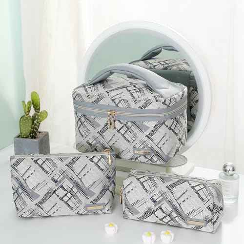 Richeart 3PC Makeup Bag Set, Cationic Jacquard Large Cosmetic Organizer, Back-Coated Solvent-Free Travel Toiletry Bag for Women - Gray