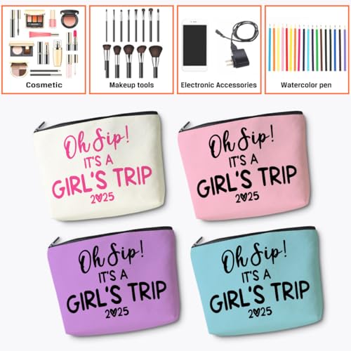 4 Pcs Girl Trip 2025 Makeup Bag Funny Girls Trip Gifts Favors Girls Weekend Gifts Weekender Bag Summer Vacation Birthday Christmas Cosmetic Bag Bachelorette Party Friendship Gifts for Women BFF Friend