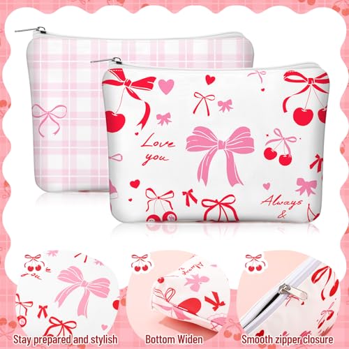 Kacctyen 6 Pcs Pink Cherry Bow Coquette Makeup Bag Cute Bow Canvas Cosmetic Bag for Women Girl with Zipper Aesthetic Travel Stuff Small Pouch for Birthday Party Favor