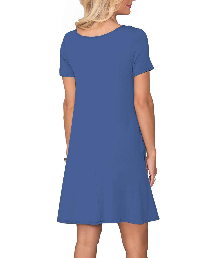 WNEEDU Women's Summer Casual T-Shirt Dress with Pockets — Short Sleeve Swing Dress (Beja Blue,2XL)