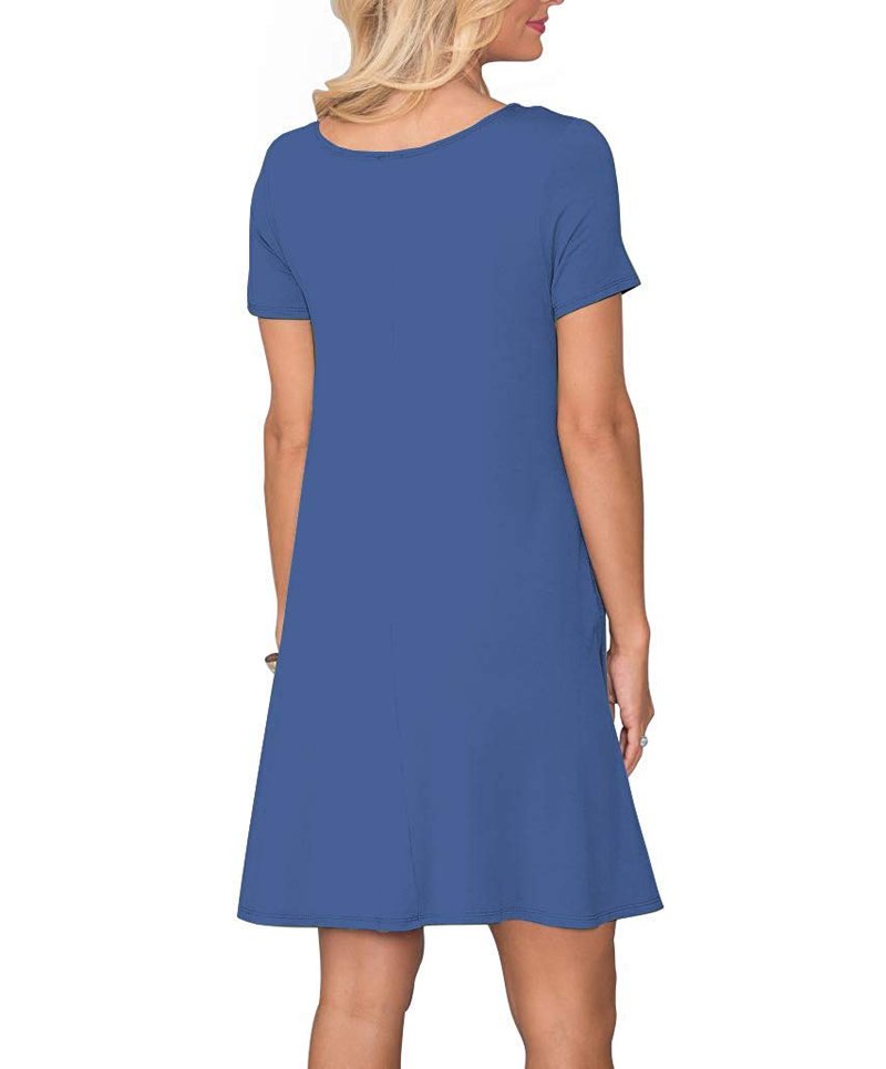 WNEEDU Women's Summer Casual T-Shirt Dress with Pockets — Short Sleeve Swing Dress (Beja Blue,2XL)