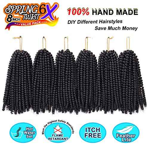 Spring Twist Hair - 8 Inch 6 Packs Spring Twists Crochet Hair for Women Black Synthetic Braiding Hair Low Temperature Fluffy Twist Hair Extensions, 1B
