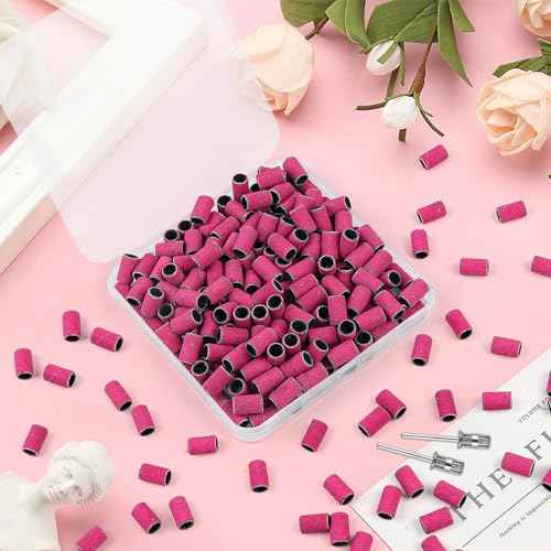 BEVTEE 200Pcs Sanding Bands for Nail Drill, 180 Grit Small Nail Sanding Bands, with 2pcs 3/32'' Nail Drill Bits, for Acrylic Nails Gel Manicures and Pedicure, Pink, Including a Dedicated Organizer