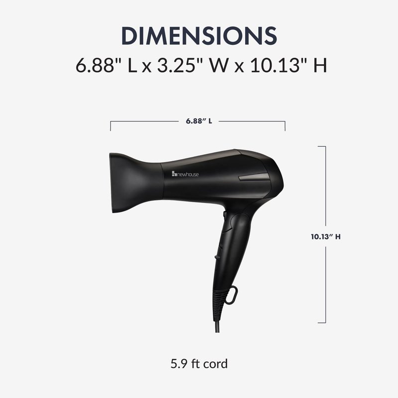 Newhouse 125V 1875-Watt Foldable Hair Dryer with Spiral Cord NHHD-001-FS, Compact Foldable Hair Blow Dryer, Low-Noise Ionic Hair Dryer, ETL Certified for Hospitality and Residential Use