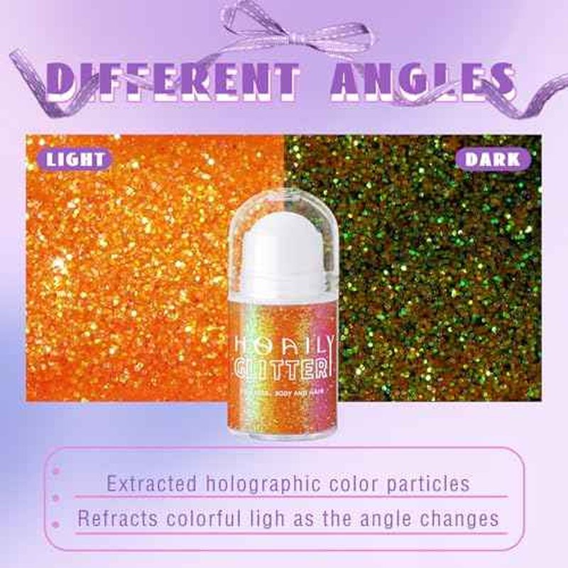 Roll-on Orange Body Glitter Gel for Face Hair, Holographic Chameleon Color Changing Face Paint Glitter Autumn Makeup, Chunky Mermaid Sequins Festival Party Rave Accessories Shimmer Makeup