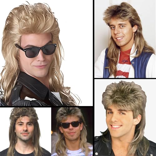 Mullet Wig Blonde 80s Men Wig,Punk Rocker Hair Party Daily Halloween Costumes Long Wigs