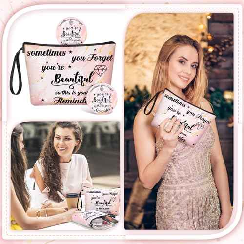 Xuniea 24 Pcs Inspirational Gifts for Women Bulk 12 Motivation Canvas Makeup Bags 12 Round Portable Pocket Mirror for Team Employee Coworker Housekeeping Appreciation Thank You Gifts(Beautiful)