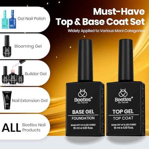 Beetles No Wipe Gel Top Coat and Base Coat Set for Gel Nail Polish - 2Pcs 15ml Super Shiny and Long Lasting Soak Off UV/LED Lamp Needed, Christmas Nail Art Design Gift