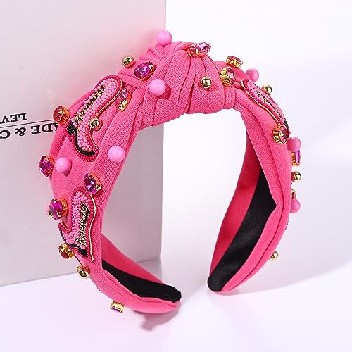 Western Cowgirl Headband Accessories for Women Beaded Cowboy Boot Embellished Headband Rhinestone Crystal Pearl Top Knot Hairband Rodeo Nashville Bachelorette Party Country Concert Outfit (Hot Pink)