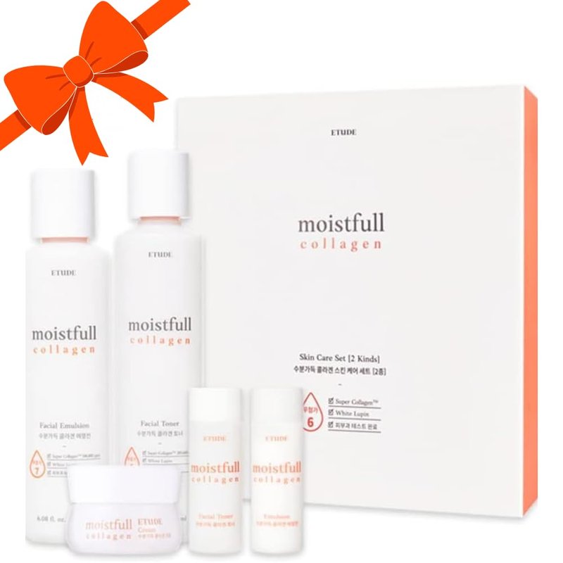 ETUDE Moistfull Collagen Skin Care Set, Perfect for Gift, Facial Emulsion and Toner, Face Moisturizer, Super Collagen Water, Instant Moisture Recharge, Korean Skin Care (pack of 5)
