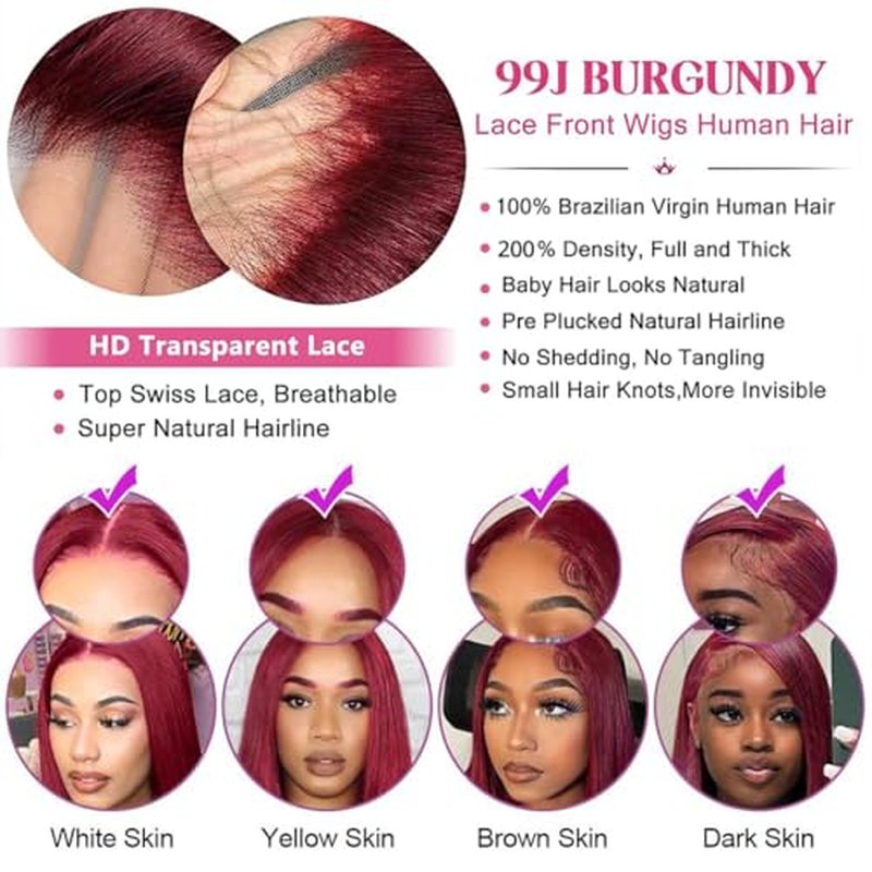 99j Burgundy Lace Front Wigs Human Hair 200% Density 13x4 99j Straight Lace Front Wigs Human Hair Wine Red Colored Human hair wig Pre Plucked Glueless HD Lace Frontal Wigs for Women 20 Inch