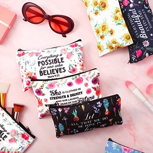 Thinkday 10 Pcs Christmas Christian Gift Bulk Cosmetic Bags for Women Inspirational Quotes Makeup Bag with Zipper Church Employee Appreciation Toiletry Pencil Pouch Travel Set Thanksgiving Gifts