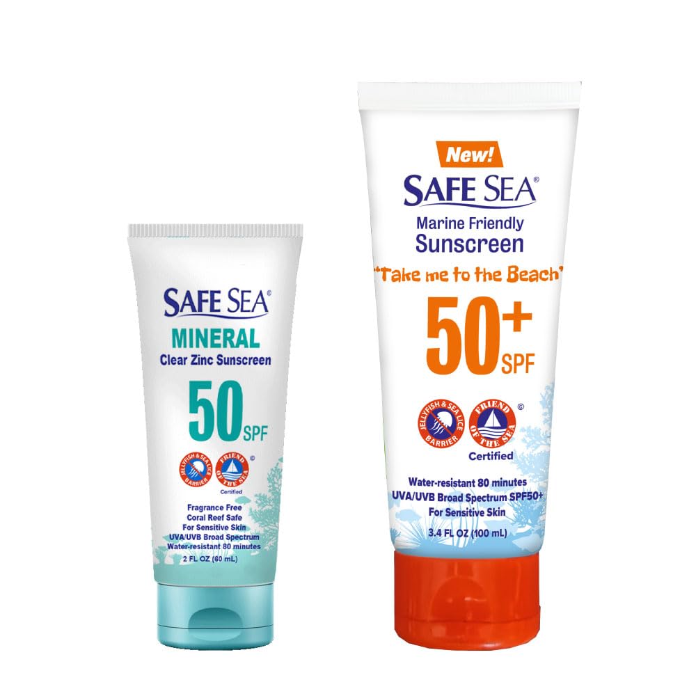 Safe Sea Jellyfish and Sea-Lice Sting-Blocking Body and Face Sunscreen Bundle | SPF50+ 3.4 Fl oz + SPF50 2 Fl oz Mineral | Waterproof, Biodegradable, Coral Reef-Safe Sunscreen