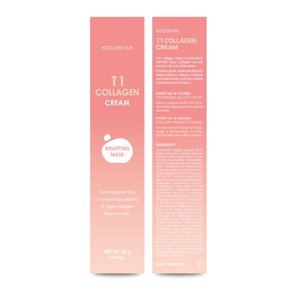 T1 Collagen Cream Wrapping Peel-off Mask | Improves Skin Elasticity and Hydrates Skin, Patented 65% Type 1 Biofilm Collagen Formula, Korean Skin Care, 1.94 fl oz.
