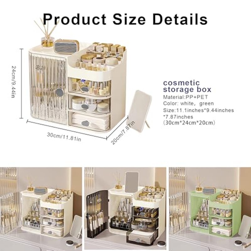 DASITON Makeup Organizer for Vanity,Large Capacity Makeup Storage Organizer with 3-Layer Drawers and Mirror,Cosmetics Display Case Make up Organizers for Vanity,Bedroom,Countertop(Clear-Cream)