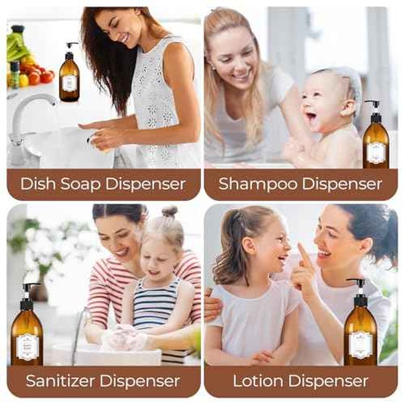 Amber Glass Soap Dispenser with Pump 16 oz, Homepicker Hand and Dish Soap Dispenser Set for Body Oil, Brown Glass Bottles with 1 Extra Pump Tops, Black Caps, Labels (2 Pack)