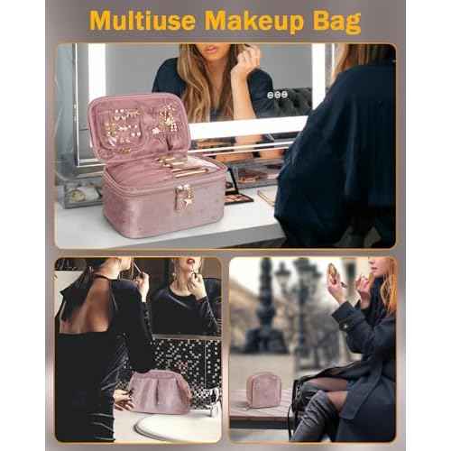 Wedama Makeup Bag Gift for Women, Double-layer Cosmetic Bag with Jewelry Storage and Brush Holder 3 Pcs Velvet Makeup Organizer Bag Gift Set Travel Toiletry Bag for Women Girls, Pink