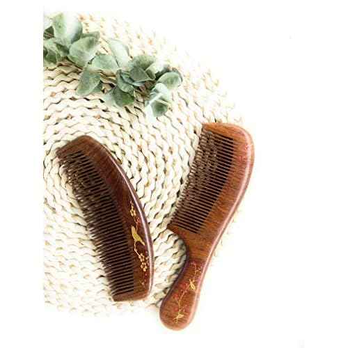 Handmade Wooden and Natural Sandalwood Combs Set - Detangling Fine Tooth Comb with Handle for Women, Anti Static Moon Shape Comb for Straight, Wavy, Dry, Thick or Fine Hair