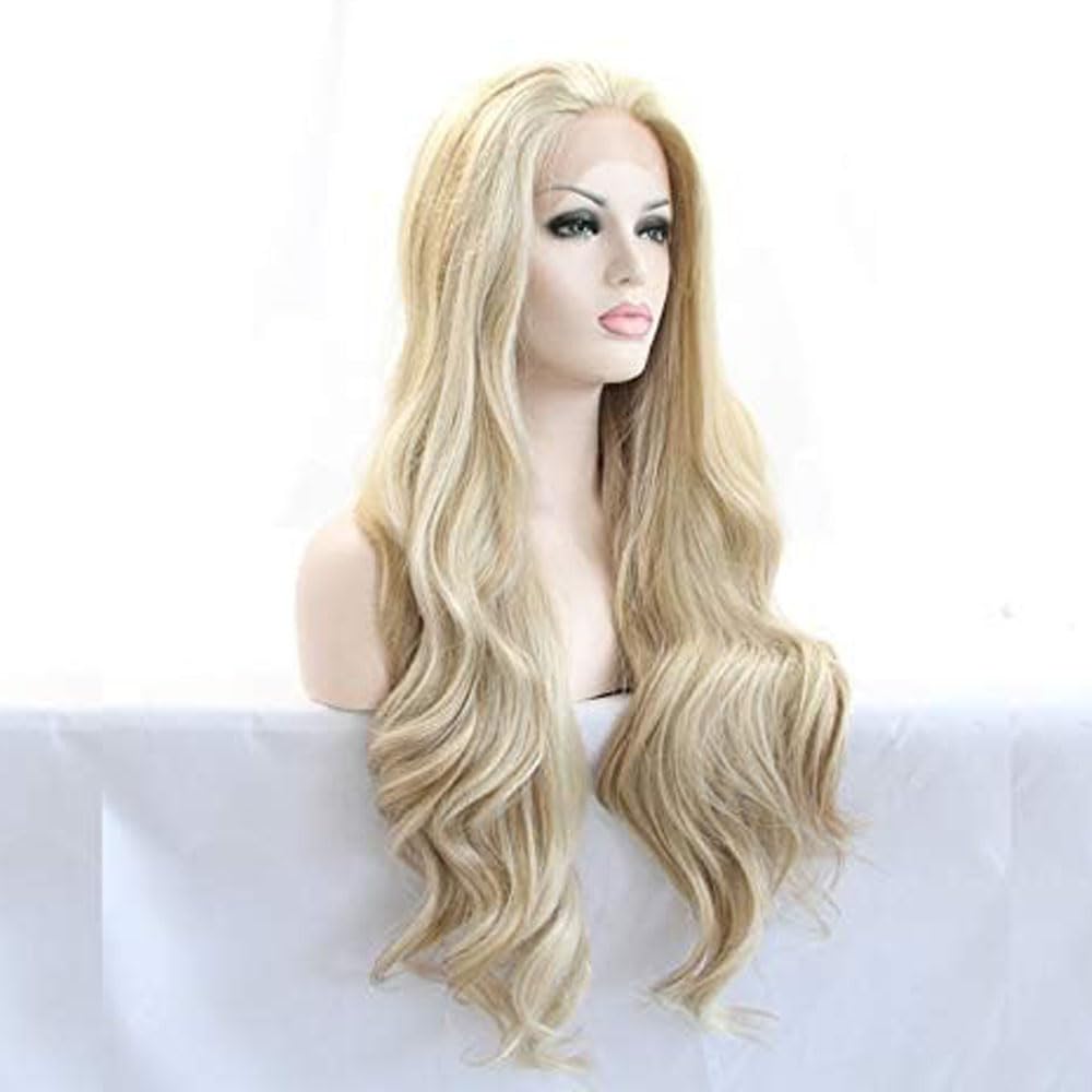 xiweiya Long Mixed Blonde Wavy Wig Highlight Gold Synthetic Lace Front Wigs Body Wave with Heat Resistant Fiber for Women Drag Queen Makeup Everyday Wig 24 inches