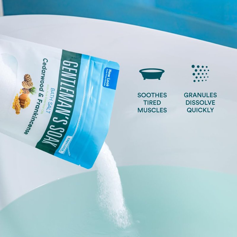 Gentleman's Bath Salt 32 Ounces (2 Lbs) Epsom Salt Soak for Men with Natural Cedarwood and Frankincense Essential Oils Plus Vitamin C in BPA Free Pouch with Easy Press Lock Seal Made in USA