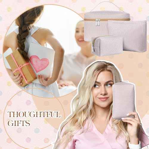 3 Pieces Seersucker Makeup Bag Set Cute Cosmetic Pouch for Women Travel Toiletry Bag Preppy Small Makeup Purse Pouch Aesthetic Skincare Brushes Storage Organizer for Women(Khaki)