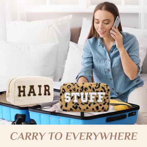 Paterr 4 Pcs Chenille Letter Preppy Patches Makeup Bag Plush Fuzzy Makeup Pouch Hair Skin Face Stuff Bag Large Cosmetic Purse Zipper Travel Toiletry Kit for Spring Gift(Brown Colors)