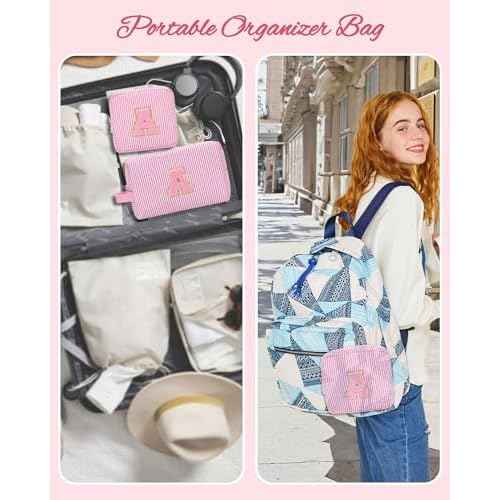 MONSTINA Initial Makeup Bags for Women|Cosmetic Bag for Travel Toiletry - Birthday Gifts for 11 12 13 14 15 16 17 18 Years Old Girls- Graduation Teen Girl Gifts Trendy Stuff Teacher Gift,2PCS,Pink S