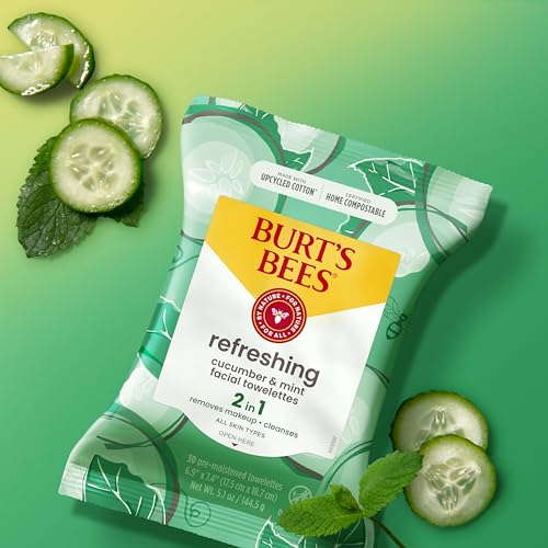 Burt's Bees Stocking Stuffers, Cucumber & Mint Face Wipes, for All Skin Types, Refreshing Makeup Remover & Facial Cleansing Towelettes, Skin Care Christmas Gifts, 30 Ct. (3-Pack)