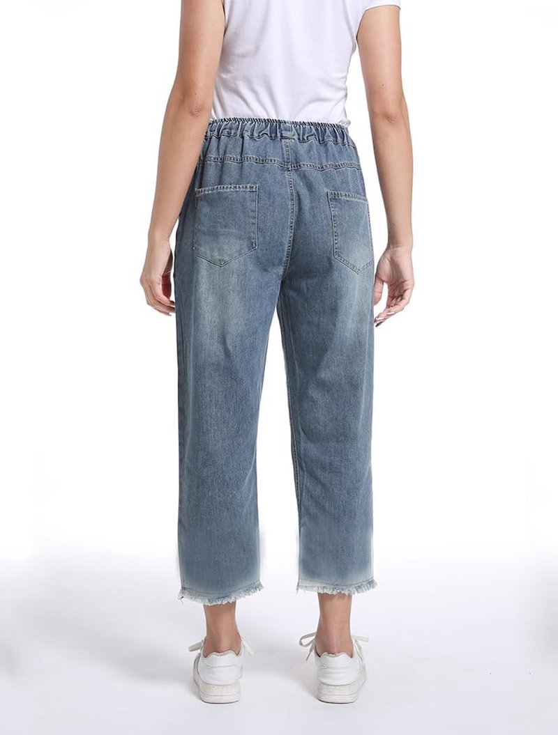 Cropped Jeans for Women - Loose Fit Cotton Denim Joggers with Elastic Waist & Ripped Details | Casual Style