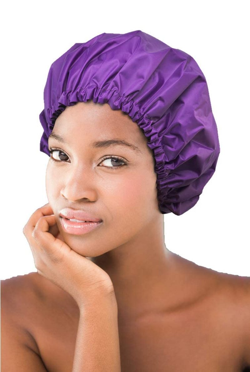 Glow by Daye Satin Lined Shower Cap, Adjustable and Waterproof with Satin Interior for Hair Protection, Large, Purple Rain