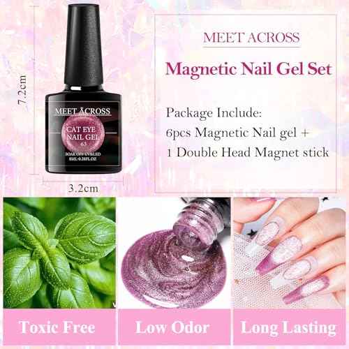 MEET ACROSS Ice Cat Eye Gel Nail Polish Set Soak Off UV LED Light Starry Sky Effect Magic Gel Nail Polish Kit Manicure Nail Art Gift Kit 6 Colors Free Magnet Stick